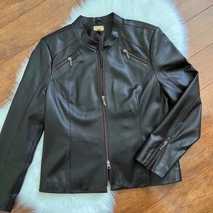 Vintage Caslon Brown Genuine Leather Jacket with Red Edged Trim